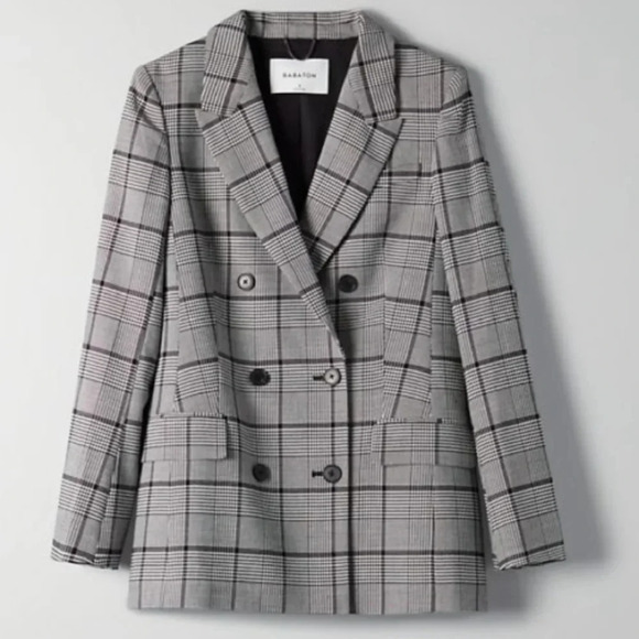 Aritzia Babaton Samuel Blazer Houndstooth Plaid Black White 00 Double Breasted - Picture 2 of 12